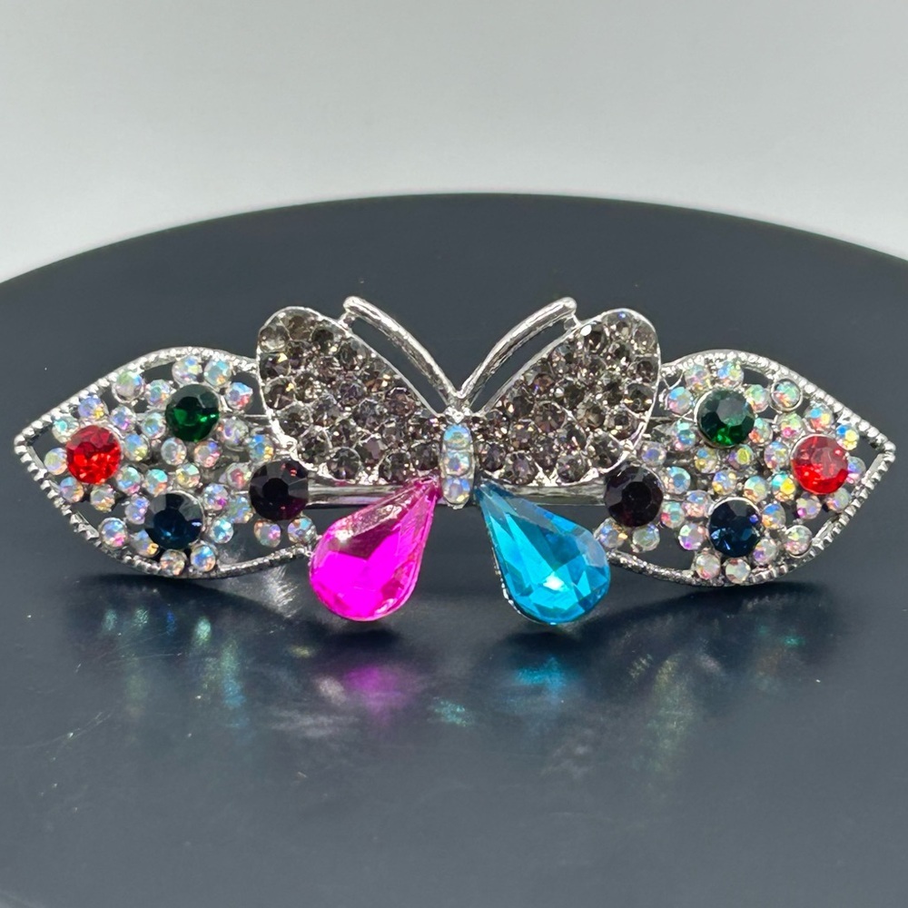 Whimsical Silver Multicolored Butterfly Hair Barrette